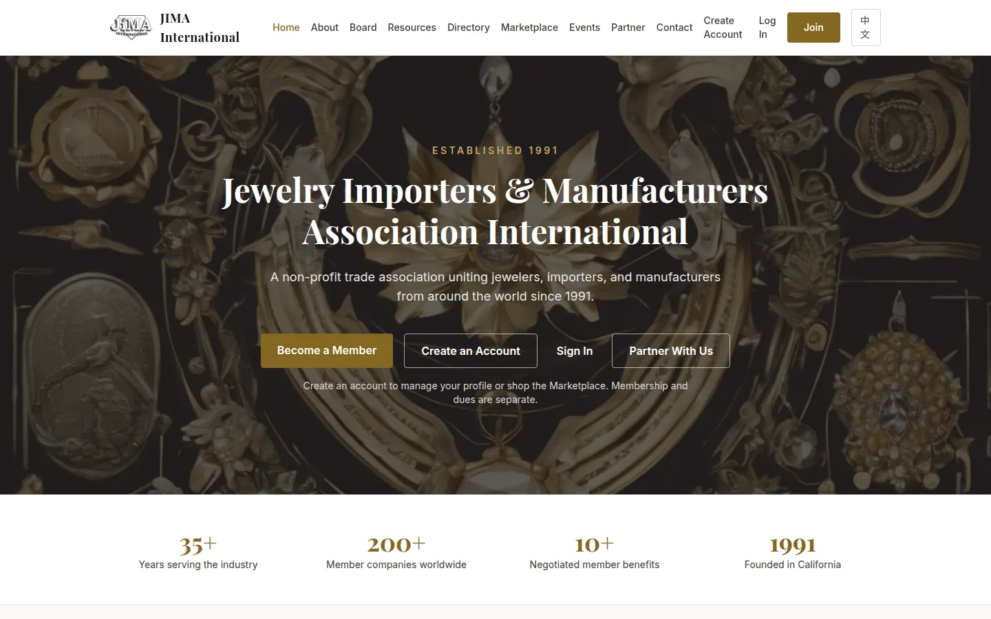 JIMA International home page: Jewelry Importers & Manufacturers Association International, established 1991, with Become a Member, Create an Account, Sign In and Partner With Us buttons.
