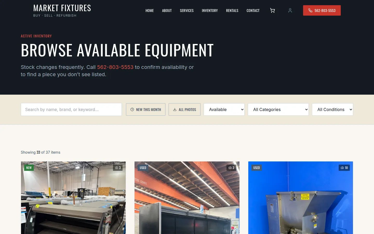 Market Fixtures inventory page: searchable, filterable listings of new and used grocery and restaurant equipment.
