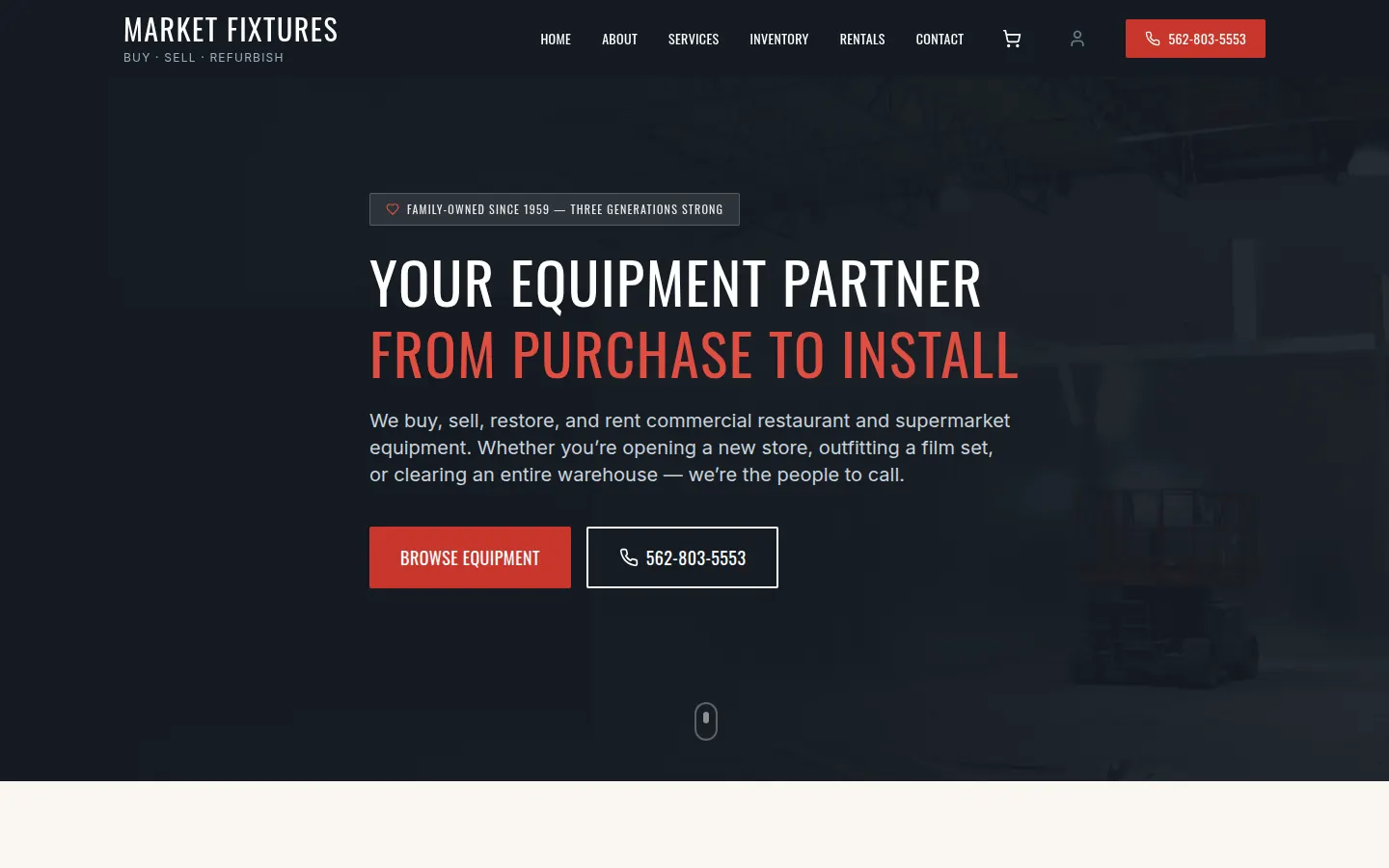 Market Fixtures home page: Your equipment partner from purchase to install, family-owned since 1959, with Browse Equipment and phone buttons.