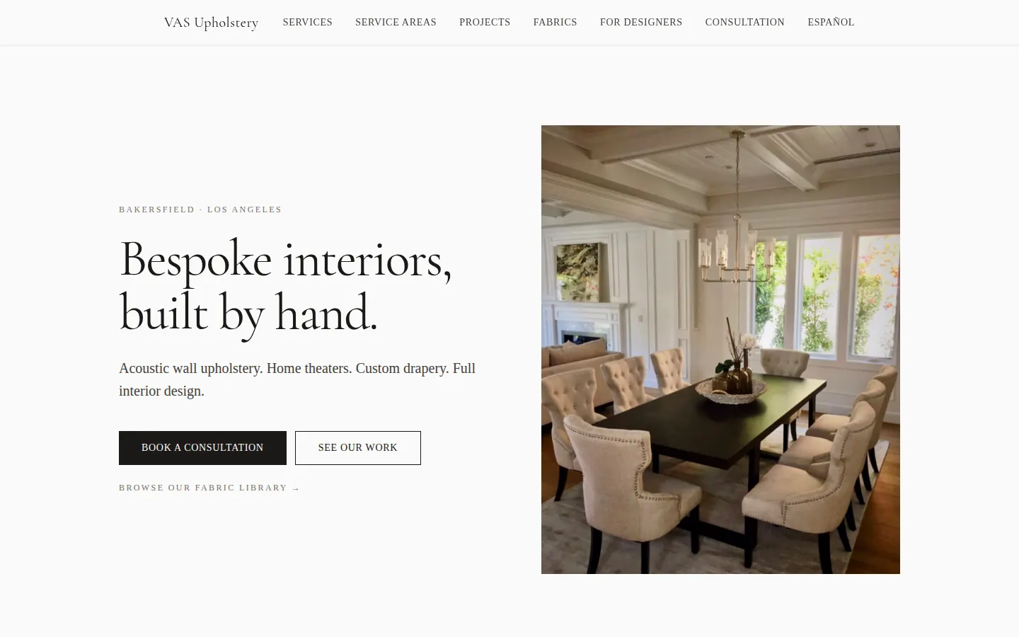 VAS Upholstery home page: Bespoke interiors, built by hand, with a photo of an upholstered dining room.